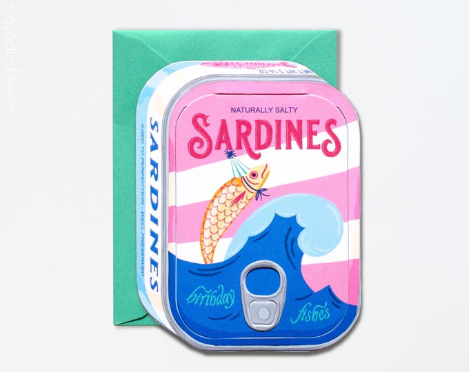 Sardine Can Birthday Card – Die-Cut Fish Tin with Removable Lid & Punny Surprise Inside