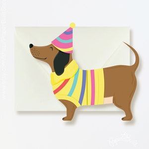 Tarjeta de feliz cumpleaños con un perro salchicha, ¡cumpleaños con un perrito caliente! Tarjeta de cumpleaños con un perro salchicha expandible, tarjeta de felicitación de cumpleaños única, tarjeta para amantes de los perros, troquelada
