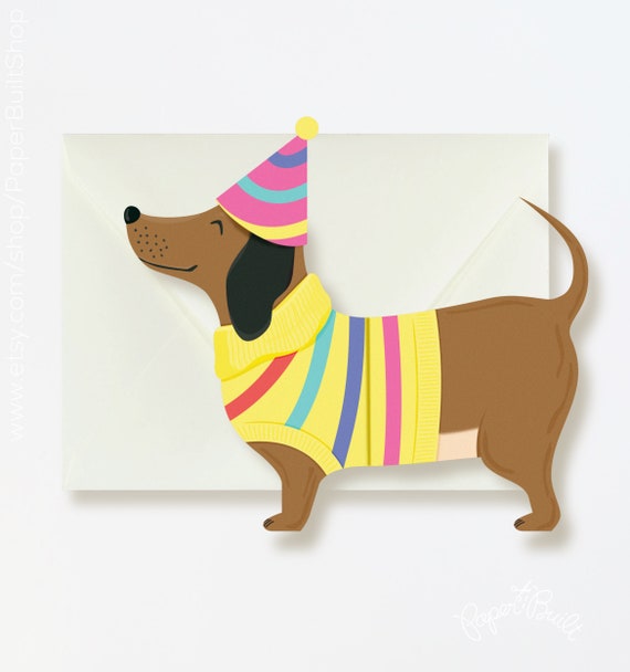 Happy Birthday Dachshund Card, Hot Dog! It's Your Birthday! Expanding Dachshund, Unique Birthday Card, Dog Sweater, Dog Lover Card, Die Cut Il_570xn