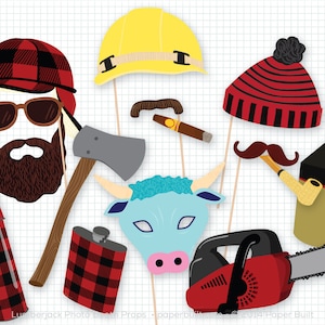 May include: A set of 10 lumberjack themed photo booth props. The props include a red and black plaid hat, a yellow hard hat, a blue and white bull mask, a red and black plaid flask, a red and black plaid thermos, a red chainsaw, a brown axe, a brown pipe, a brown mustache, and a brown cigar.