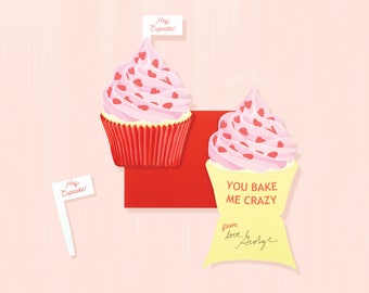 Sweet Valentine Card for Girlfriend, Hey Cupcake, Valentine's Day Card for Her, You Bake Me Crazy Valentine,Kids School Classroom Valentine