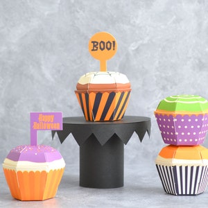 Halloween Cupcake Boxes Set of 4 Craft Kit, Halloween Party Favor Box, Trick or Treat Idea, DIY Halloween Craft, October Gift Spooky Treat image 1