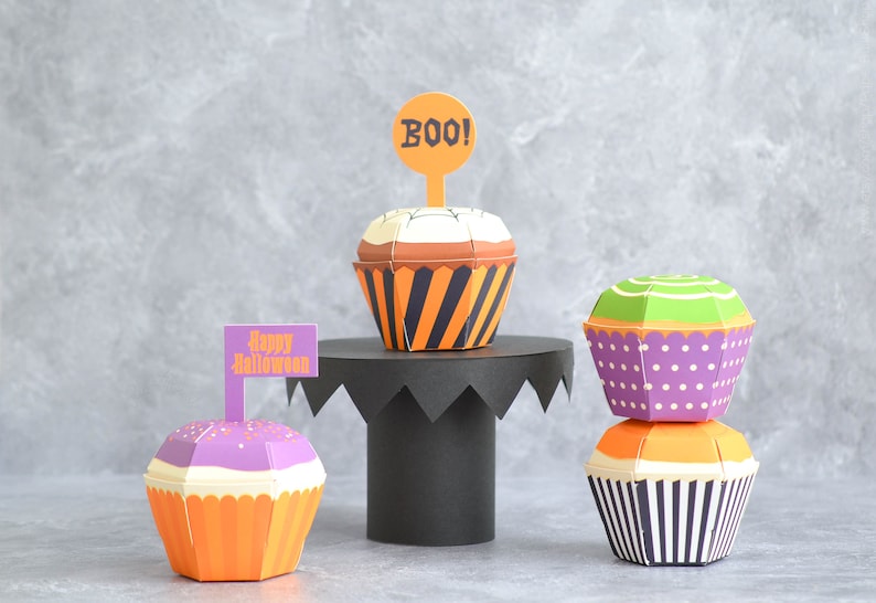 Halloween Cupcake Boxes Set of 4 Craft Kit, Halloween Party Favor Box, Trick or Treat Idea, DIY Halloween Craft, October Gift Spooky Treat image 1