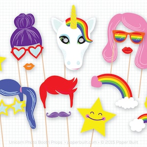 Op de afbeelding: Een set van 10 kleurrijke unicorn fotobooth props, waaronder een unicorn hoofd, regenboog, sterren, zonnebrillen en een snor. De props zijn gedrukt op stevig papier en perfect voor een unicorn-thema feest.