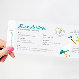 Flugzeug-Babyparty-Einladung, Flugticket-Einladung, Storch, Vintage Storch, Baby an Bord, spezielle Lieferung Dusche, DIY Karte