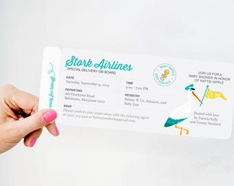 Uitnodiging babyshower vliegticket ooievaar (digitale download)