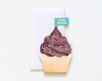 Chocolate Cupcake Birthday Card, Die-cut Greeting Card, Sprinkles, Chocolate Frosting, Happy Birthday Card, Cupcake Flag