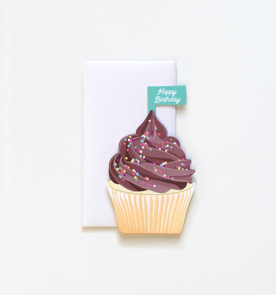 Chocolate Cupcake Birthday Card, Die-cut Greeting Card, Sprinkles, Chocolate Frosting, Happy Birthday Card, Cupcake Flag Il_570xn