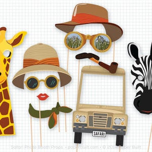 Op de afbeelding: Set van zes safari-thema fotobooth rekwisieten. De rekwisieten omvatten een giraffenkop, een zebrakop, een safarihoed met zonnebril, een verrekijker, een snor en een pijp, en een safarijeep met een lege ruimte voor een foto.