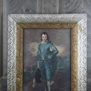 Gorgeous Large, Antique Blue Boy Framed Lithograph Print in Silver and Gold Original Frame, by Sir Thomas Gainsborough