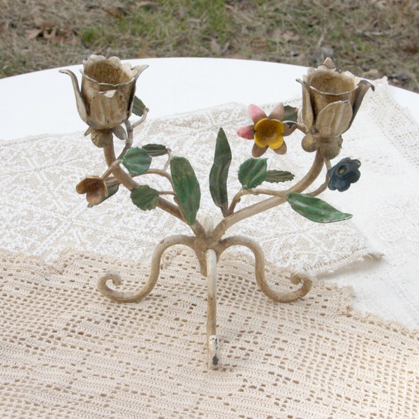 Italian Toleware Hand Painted Two Candle Holder, metal, candelabra, vintage