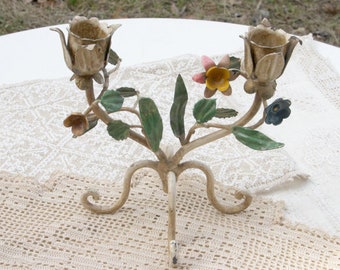 Italian Toleware Hand Painted Two Candle Holder, metal, candelabra, vintage