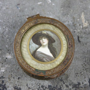 French Antique Bronze or Brass Portrait Box Trinket Box Jewelry Box Casket, Velvet Lined