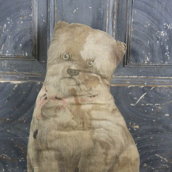 Adorable Antique Arnold Printworks Litho Print Dog Animal, Stuffed Cloth Toy Pillow, much loved and shabby - SEE PHOTOS!