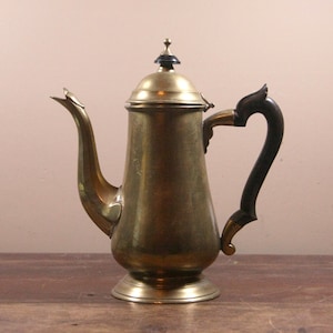 Old and Heavy Brass Coffee Pot or Tea Kettle with Gooseneck Spout, Bakelite Black Handle, and Hinged Lid, vintage
