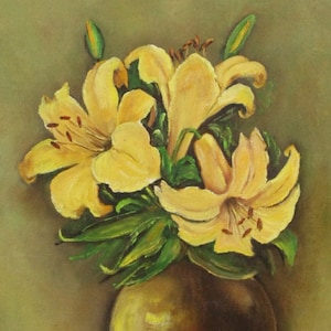 Original Oil Painting on Canvas Board of Yellow Lilies in a Brass Vase, Signed by Eve N. Wheeler, vintage