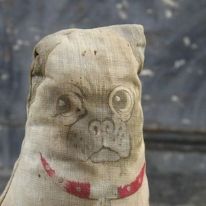 RARE Antique Stuffed Pug Dog Soft Toy, Arnold Print Works Litho Printed Fabric, carnival prize, stuffed with straw