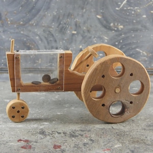 Handmade Wooden Tractor Coin Bank, figural bank, vintage
