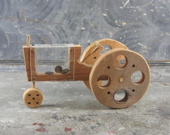Handmade Wooden Tractor Coin Bank, figural bank, vintage