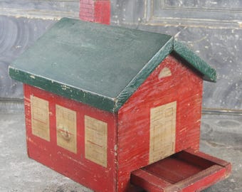 Wonderful Rare Folk Art Architecture Wooden Schoolhouse Bank