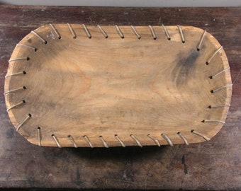 Rustic Primitive Carved Wood Bowl with Leather Trim, rectangular, one of a kind, farmhouse table centerpiece, vintage