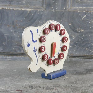Folk Art, Painted Wood, Elephant Learn to Tell Time and Count Toy, removable numbers, moveable cardboard clock minute and hour hands