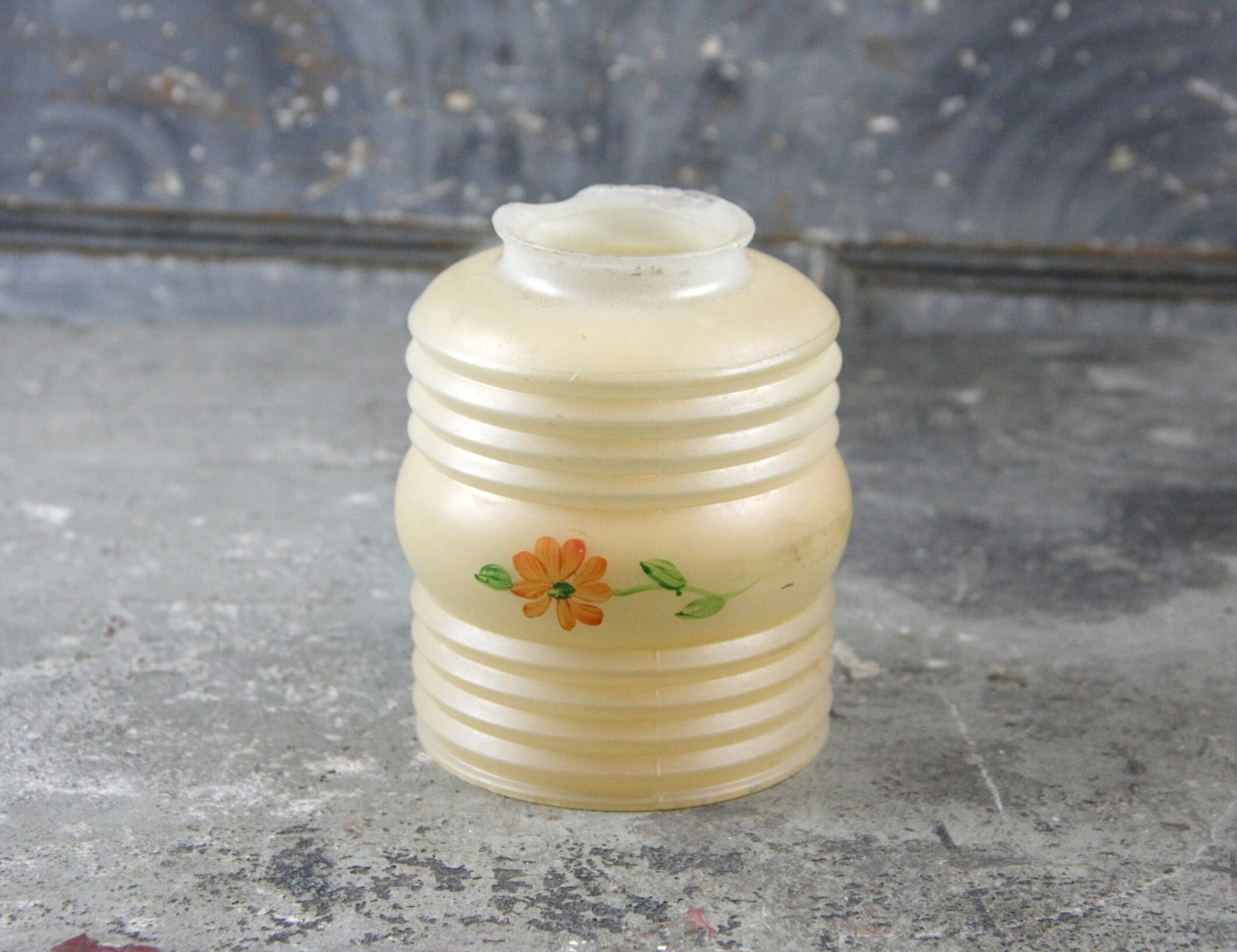 Art Deco Light Amber Floral Ribbed Light Shade, for ceiling light fixture, sconce, or bridge lamp, hand-painted orange flowers and leaves