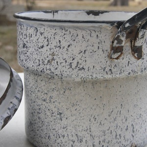 Antique blue and white enamelware saucepan with lid, relish pattern, vintage
