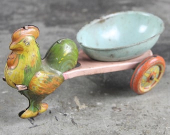 Vintage Wyandotte Toy, Tin Lithograph Rooster Pulling An Easter Egg Cart