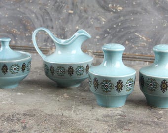 RARE 5 Piece Set of TS&T Matador Salt and Pepper Shakers, Creamer Sugar Bowl with Lid, turquoise blue, decorated border, 1968, vintage