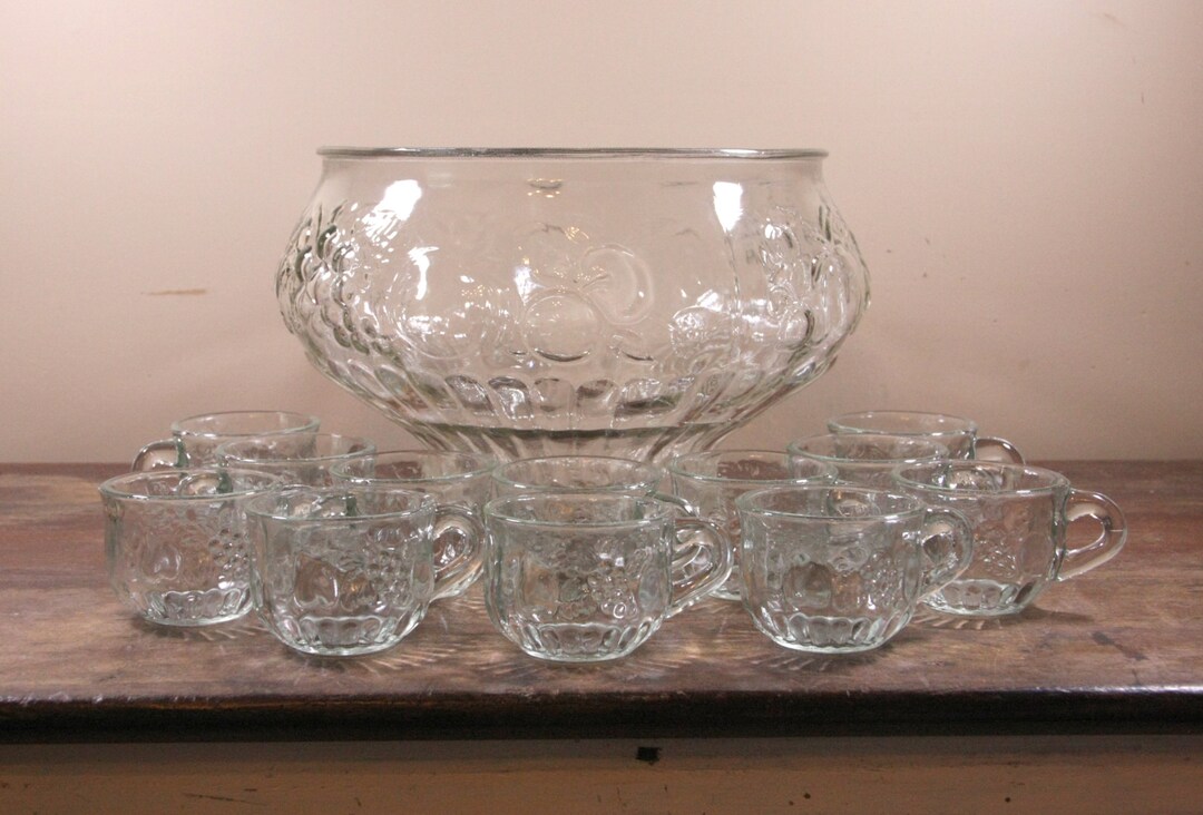 Vintage Glass Punch Bowl 13 Piece Set Punch Bowl Etsy