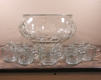 Vintage Jeannette Glass Punch Bowl 13 Piece Set, Punch Bowl with 12 Matching Cups, Pressed Glass Fruit (Grapes, Pears, Cherries, Peaches)