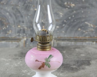 Antique and gorgeous small miniature hand painted milk glass hurricane OIL LAMP, pink floral design