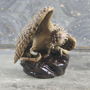 以下が含まれることがあります： 羽を広げたフクロウの精巧な木彫り。フクロウは蛇を爪で掴んでいます。フクロウは、小さく濃い茶色の木製の台座の上にいます。