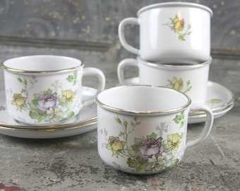 GORGEOUS Set of 4 German Enamelware Cups and Saucers, purple and yellow roses and green shrub / vine, marked VEWAG