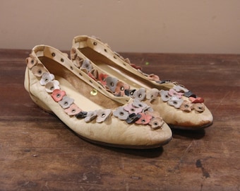 Soft Italian Leather Slip-On Shoes, handmade and decorated with raised multi color pastel leather flowers, purchased in Rome, Italy in 1984