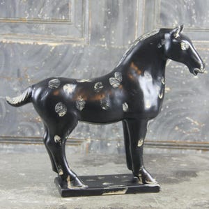 Ceramic Tang Horse Figurine, war horse, black stallion, vintage