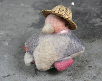 Novelty Pincushion, Quilted Wool Chicken Duck in Straw Hat, vintage