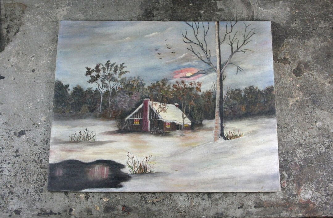 Original Oil Painting of Cottage Cabin Winter Landscape on Canvas Panel ...