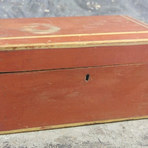 Exquisite Primitive Rectangular Wooden Maine Painter Box Document Box with Domed Top, Hinged Lid, original paint, dated 1881
