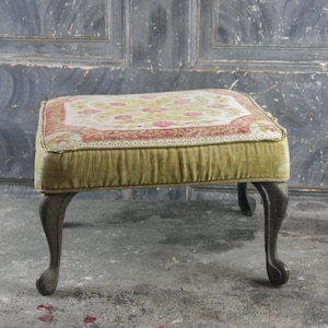 Vintage Rectangular Iron Metal Foot Stool with Iron Legs and a Velvet Tapestry top