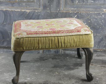 Vintage Rectangular Iron Metal Foot Stool with Iron Legs and a Velvet Tapestry top