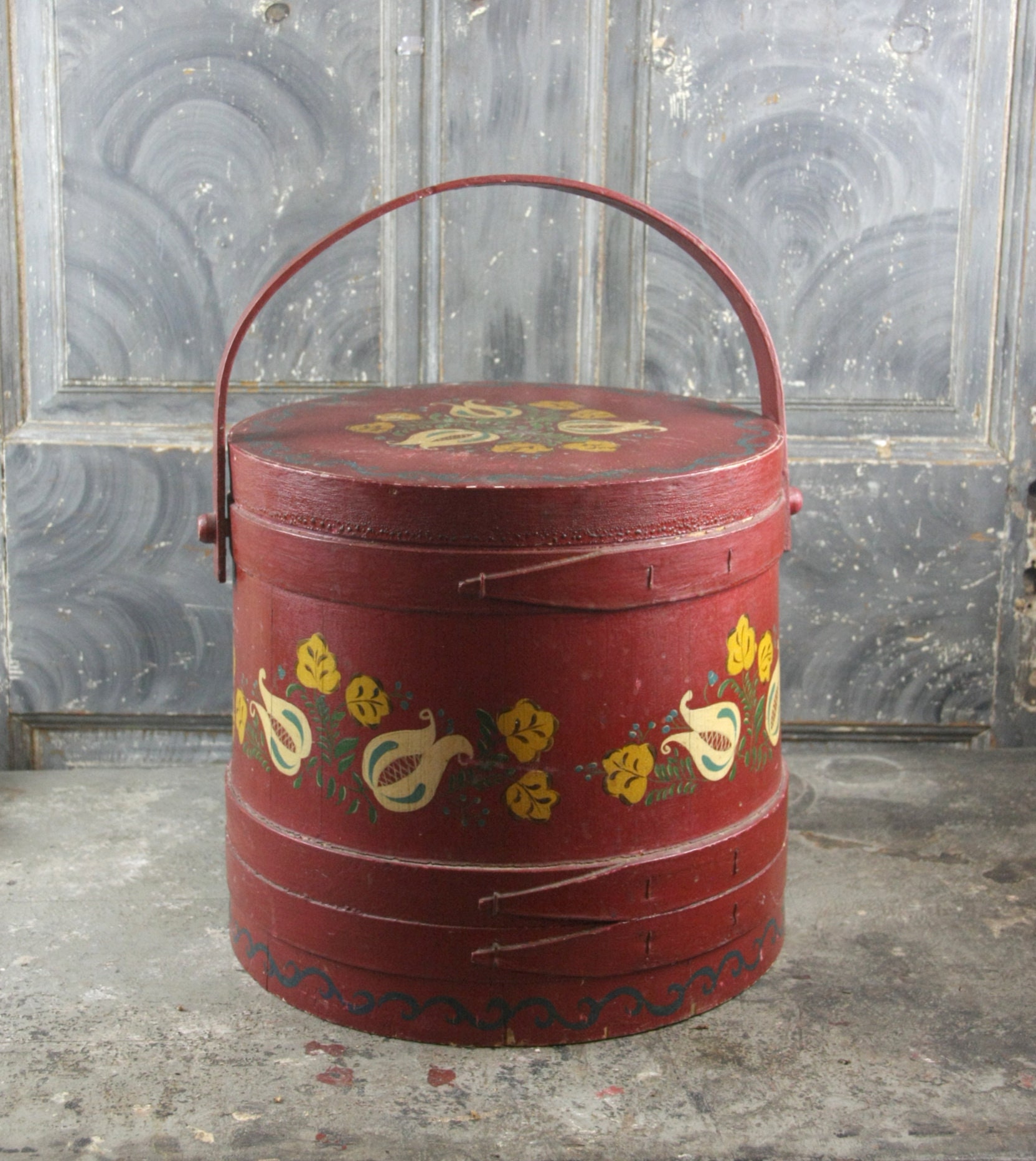 Antique Early American Folk Art Tole Painted Firkin With Lid and
