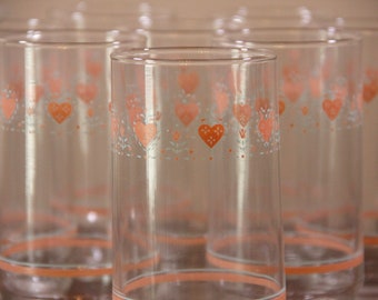 NOS Set of 10 Indiana Glass Corelle Forever Yours tumblers iced tea glasses, 16 ounces, pink, white, hearts, never used, MINT, vintage