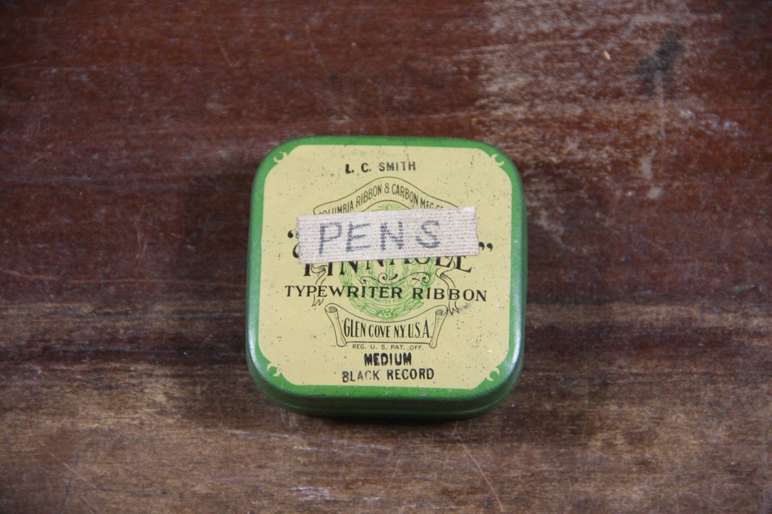 Columbia Ribbon and Carbon Mfg Co Ribbon Tin, Full of Calligraphy Pen ...