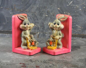 Adorable Bugs Bunny Disney Chalkware Bookends, Made in Japan by