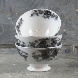 ONE Antique French Sarreguemines Cafe Au Lait Bowls, White with Black Floral Design and Gold Gilding