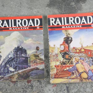 May include: Two vintage Railroad Magazine covers. The March issue shows a steam train and a tank. The June issue depicts a steam train with two men. Both covers have the title "RAILROAD MAGAZINE" in bold red letters.