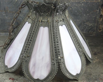 Antique Victorian Purple Lavender Slag Glass and Ornate Metal Light Fixture