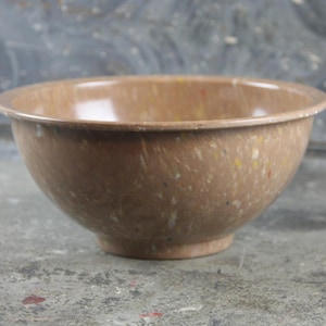 Speckled Melamine Bowl, colors of tan, white, yellow, blue, red medium size, vintage